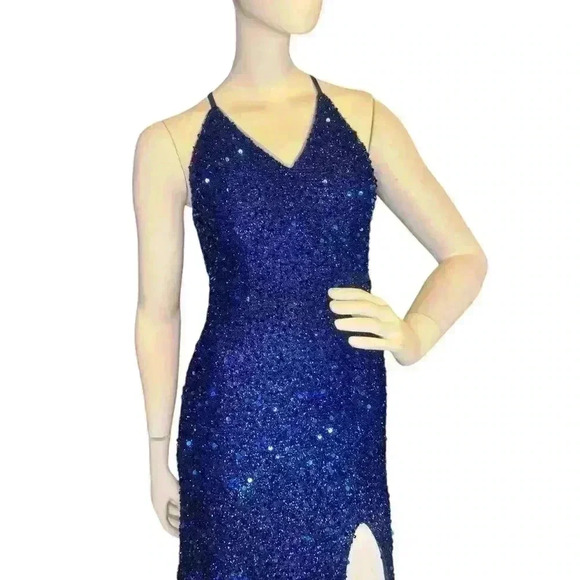 Unbranded V neck backless stretch sequin slit sleeveless evening maxi dress. - Picture 3 of 16